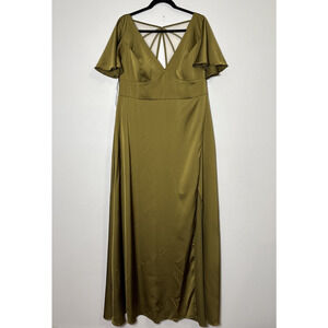 Azazie Bridesmaid Dress Green Size 18 Satin Flutter Sleeve Forest Fairy